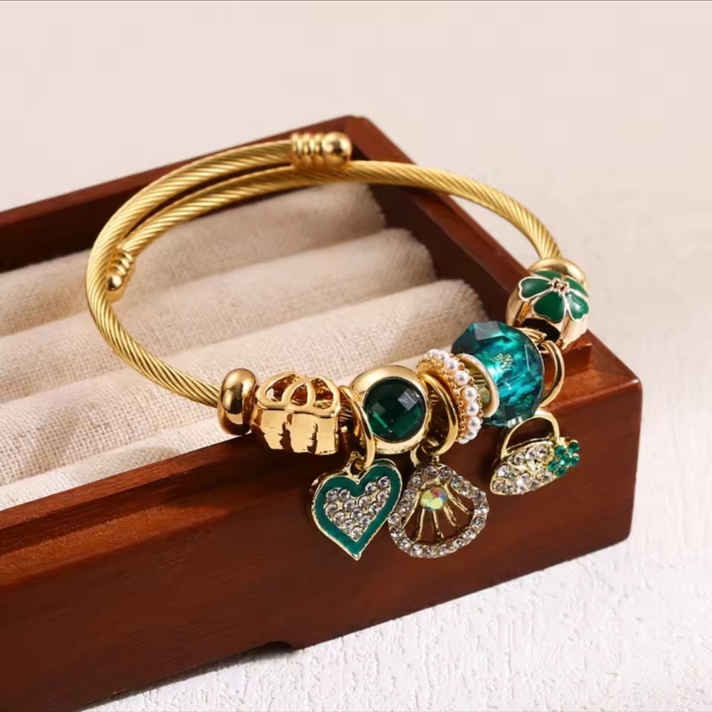 Charm Bangle Bracelet – Green Beads & Heart Dangle Accents